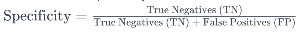 Specificity formula showing specificity is equal to true negatives divided by true negatives and false positives 